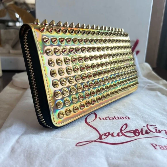NEW Christian LOUBOUTIN Panettone Iridescent Gold Studded Red Leather Wallet